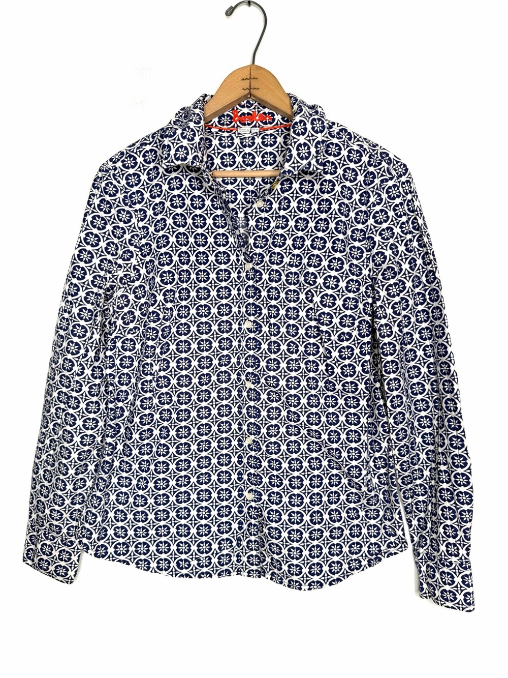 Boden Blue and White Geometric Floral Print Button Down Shirt Fitted Size 10